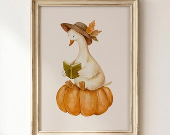 Watercolor Autumn Goose Nursery Wall Art: Duck Reading Book on Pumpkin, Fall Kids Room Decor (Digital Download)