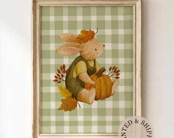 Autumn Bunny Unframed Wall Art: Fall Rabbit Pumpkin Print, Green Gingham Nursery Decor