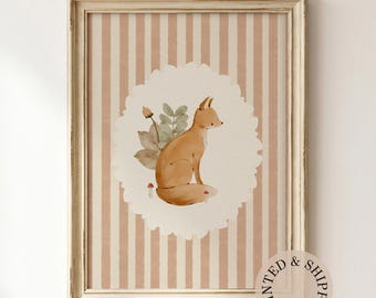 Watercolor Fox and Fall Floral Unframed Matte Poster, Woodland Nursery Wall Art
