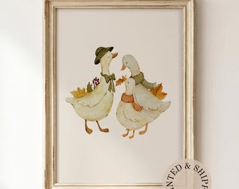 Watercolor Goose Family Unframed Matte Poster: Autumn Nursery Wall Art, Farm Animal Print