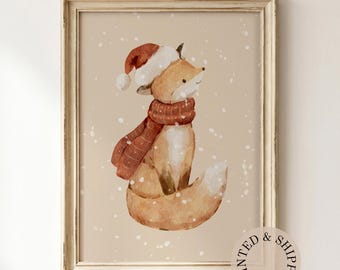 Watercolor Christmas Fox Unframed Print: Winter Nursery Wall Art, Woodland Animal Matte Vertical Holiday Poster