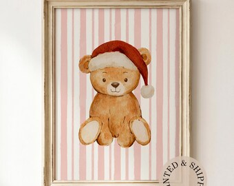 Christmas Teddy Bear Unframed Print: Santa Bear Nursery Wall Art, Watercolor Holiday Matte Poster