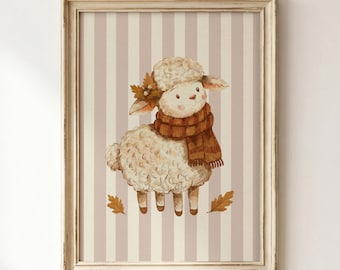 Autumn Lamb Nursery Wall Art, Sheep Fall Kids Room Decor, Farmhouse Animal Print (Digital Download)