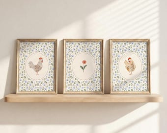 Farmhouse Chicken Nursery Art: Watercolor Hens, Floral Print Set (Digital Download)