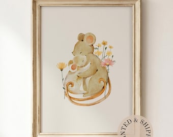 Mama Mouse Hugging Baby Mouse Unframed Matte Vertical Poster: Nursery Wall Art
