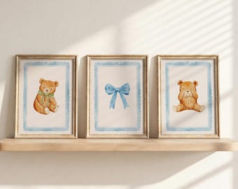 Teddy Bear Nursery Wall Art Set of 3: Watercolor Bear Prints, Blue Bow Baby Room Decor, Printable Art