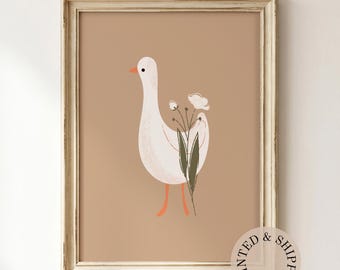 White Goose with Flowers Unframed Matte Vertical Poster, Rustic Country Wall Art
