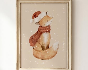Christmas Fox Wall Art, Santa Fox Print, Watercolor Winter Animal Decor (Digital Download)