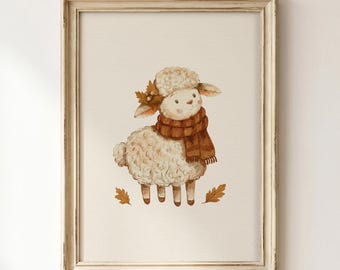 Sheep Nursery Wall Art, Hand-Drawn Lamb Print, Autumn Animal Nursery Decor, Woodland Farm Animal (Digital Download)