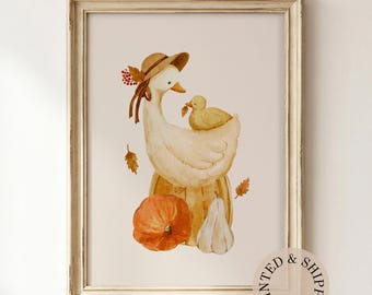 Autumn Goose Family Unframed Print: Mother and Baby Goose Matte Vertical Poster, Pumpkin Nursery Wall Art