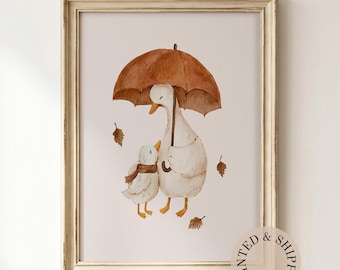 Goose Family Fall Nursery Art, Mother and Baby Duck Print Unframed Matte Vertical Poster