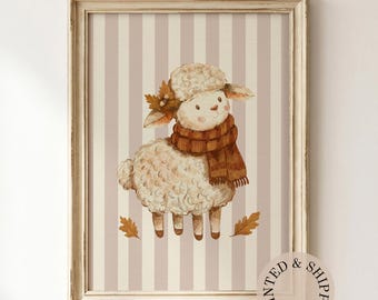 Autumn Lamb Unframed Matte Vertical Poster, Fall Striped Nursery Wall Art