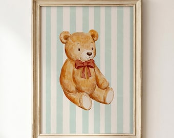 Teddy Bear Nursery Wall Art: Blue Nursery Decor, Vintage Teddy Bear Art (Digital Download)