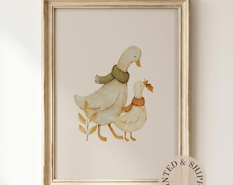 Goose Family Nursery Unframed Wall Art: Mother Goose & Gosling Autumn Print, Farm Animal Matte Vertical Poster