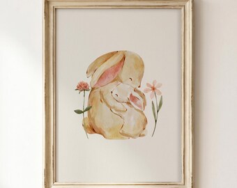 Mother and Baby Bunny Wall Art: Watercolor Rabbit Nursery Print, Woodland Kids Room Decor (Digital Download)