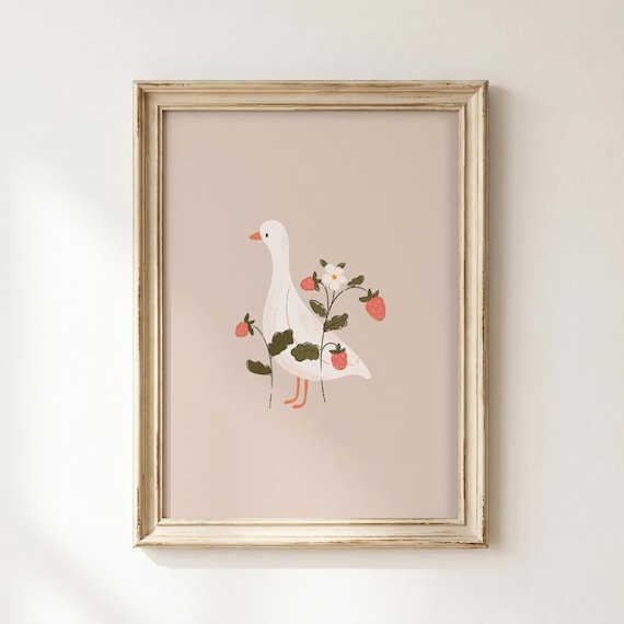 Nursery Goose Printable Wall Art: Duck & Strawberry Kids Room Decor (Digital Download)