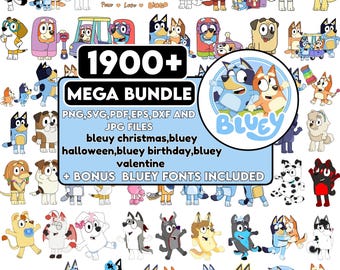 1900+ Bluey PNG.SVG Bundle + BONUS Font! Bluey Dog Bingo Clipart Bundle Set Original Designs for Birthday Day Crafts Coloring Printing