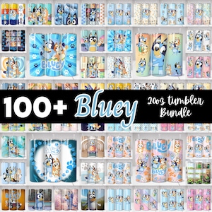 May include: A collection of Bluey-themed tumblers, featuring various designs with the cartoon characters and paw prints. The tumblers are in different colors, including blue, pink, and yellow. The text "100+ Bluey 20oz tumbler bundle" is displayed.
