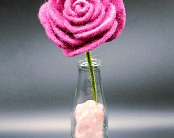 Needle Felted Pink Rose in Glass Bottle with Rose Quartz | Handmade Wool Flower Decor | Romantic Gift | Mini Floral Display
