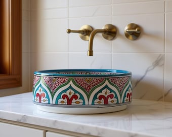 Lavabo de cerámica hecho a mano, lavabo marroquí multicolor para baño, lavabo de tocador pintado a mano, lavabo artesanal, decoración de baño bohemia