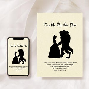 May include: A wedding invitation and a smartphone displaying the same design. The design features a silhouette of a couple with the text "Tale As Old As Time". The invitation includes event details and RSVP information.