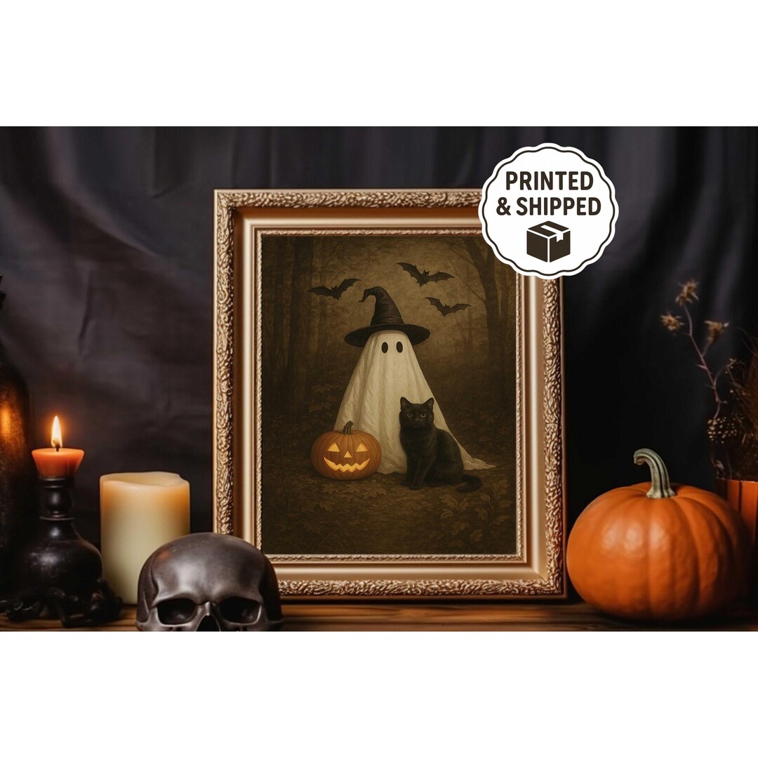 Cute Ghost and Black Cat in Dark Forest Wall Art, Spooky Halloween Wall ...