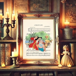 May include: A framed print of sheet music titled "A Pirate's Life" featuring a colorful illustration of Captain Hook and other characters. The print is displayed on a wooden shelf with candles, books, and decorative figurines.