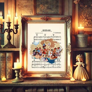 May include: A framed print of sheet music with the word "NEVERLAND" at the top. The print features a colorful illustration of characters from Peter Pan. The scene is set on a shelf with candles, books, and decorative figurines.