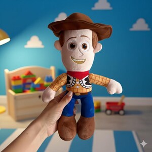 May include: A plush toy of Woody from Toy Story, featuring a brown cowboy hat, a yellow plaid shirt, blue pants, and brown boots. The toy has a red neckerchief and a smiling face. The toy is held by a person's hand.