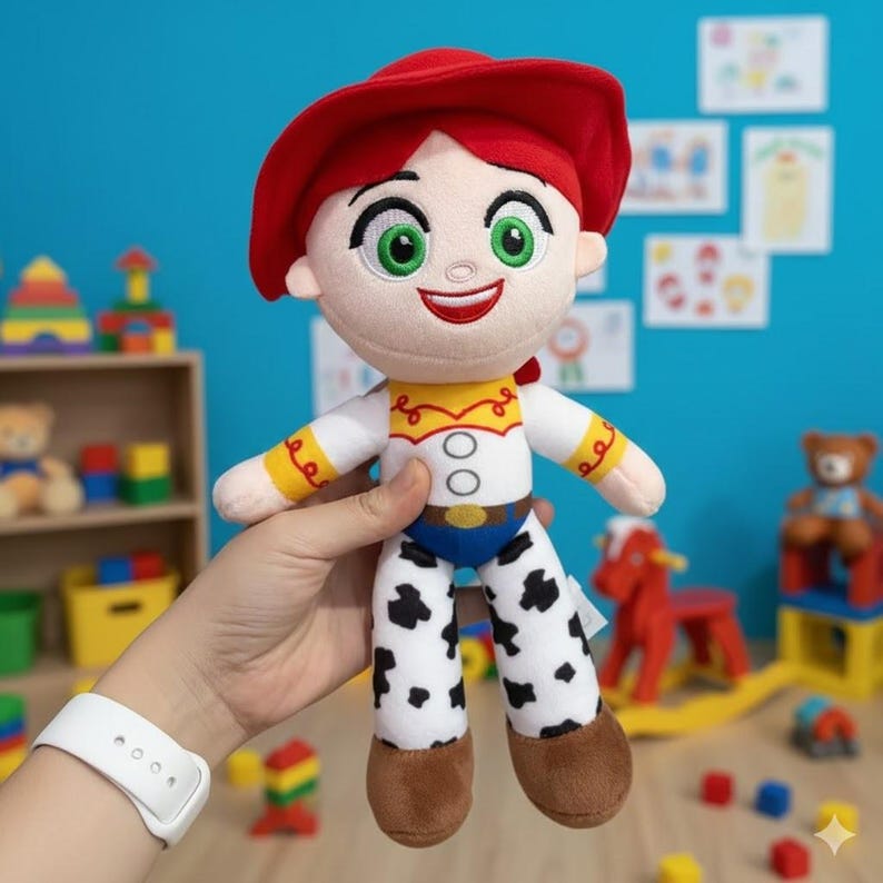 May include: A plush doll of a character with a red hat, white shirt with yellow accents, and cow-print pants. The doll has green eyes and a smiling red mouth. The doll is held in front of a blue background with children's toys.