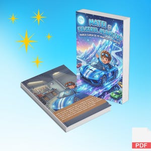 Puede incluir: Un libro infantil titulado "Matei și Fulgerul Albastru" presenta un coche de carreras azul en la portada. La ilustración de la portada representa a un niño saludando desde el coche, con montañas y estrellas de fondo. El libro está sobre un fondo azul degradado.