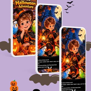 Könnte beinhalten: Drei digitale Bildschirme zeigen ein Kinderbuch mit dem Titel Matei and the Halloween Adventure, das eine junge Figur im Kürbiskostüm mit zwei Wellensittichen, einer leuchtenden Laterne, Herbstblättern und einem Vollmond im Hintergrund zeigt.