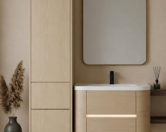 Modern Floating Vanity Unit with Tall Oak Storage Cabinet | Soft Close Drawers | Bathroom Furniture