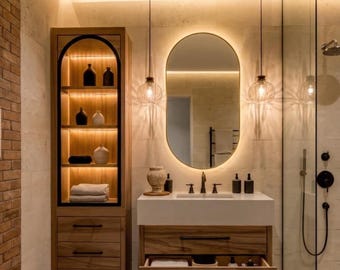 Mueble de baño de lujo con armario alto de almacenamiento, diseño geométrico moderno en madera de roble con solución de almacenamiento de primera calidad.