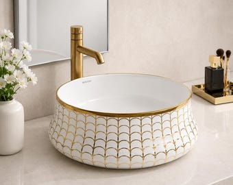 Lavabo de lujo dorado con forma de concha / Lavabo redondo de cerámica blanca / Lavabo de baño estilo art déco / Elegante lavabo de tocador