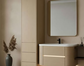 背の高い収納キャビネット付きフローティングカーブ型洗面化粧台｜天然オーク材の壁掛け式バスルーム家具セット