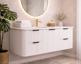 White Curved Bathroom Vanity 60 Inches  | Modern Floating Vanity Cabinet | Minimalist Wooden Vanity Unit | Fluted Front Bathroom Cabinet