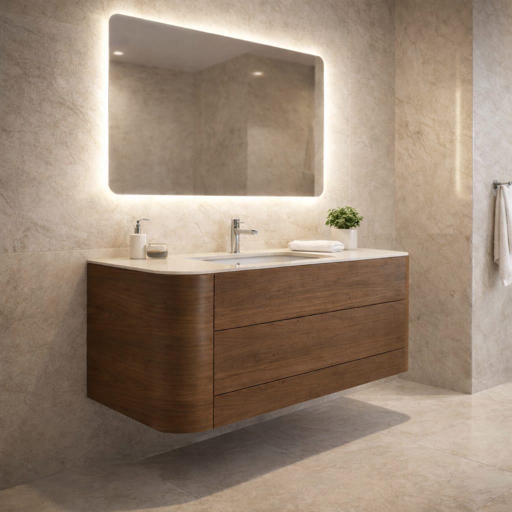 Mobile bagno sospeso in noce da 55", mobile bagno moderno a parete, mobile bagno impiallacciato in noce, mobile bagno con lavabo singolo, mobili bagno