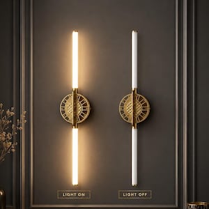 May include: Two vertical wall sconces featuring a central gold circular mount with a textured geometric pattern and a long white cylindrical light tube extending above and below. One sconce is illuminated, while the other is off. Text reads LIGHT ON and LIGHT OFF.