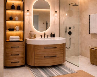 Tocador de baño curvo de lujo con armario alto de almacenamiento, diseño moderno redondeado en madera de roble con solución de almacenamiento de primera calidad.