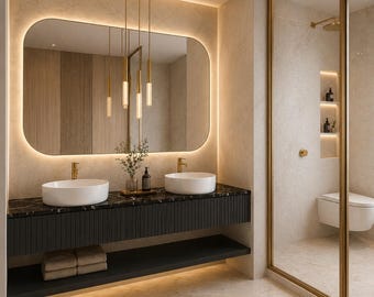 Luxus Schwarz Geriffelte Doppelwaschbecken | Maßgeschneiderte an der Wand montierte Badezimmermöbel Design