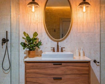 Modern Wooden Bathroom Vanity, Floating Vanity with Double Drawer Storage, Minimalist Wall Mounted Vanity