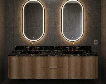 Mueble de baño flotante doble hecho a mano / Armario de roble estriado con herrajes de latón / Muebles de baño modernos