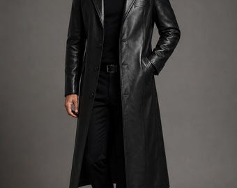 Men's Genuine Cowhide Leather Long Coat | Handmade Black Leather Trench Coat | Satin Lined Winter Overcoat | Classic Leather Coat