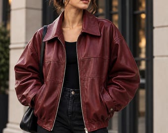 Women’s Oversized Burgundy Sheep Leather Jacket, Leather Bomber Jacket