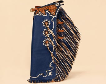 Handcrafted Blue Leather Chaps with Fringe, Western Cowboy Chaps, Rodeo Riding Chaps, Custom Leather Chaps,