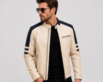 Men’s Cream Beige Leather Jacket | Cowhide Leather Biker Jacket for Men | Cafe Racer Motorcycle Jacket | YKK Zip Fashion Coat