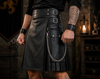 Men's Black Leather Kilt, Gothic Utility Kilt, Steampunk Leather Skirt, Scottish Style Kilt, Medieval Costume, Festival Wear