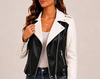 Black & White Women’s Leather Jacket | Biker Moto Jacket for Women | Cowhide Leather Jacket | Fashion Motorcycle Coat