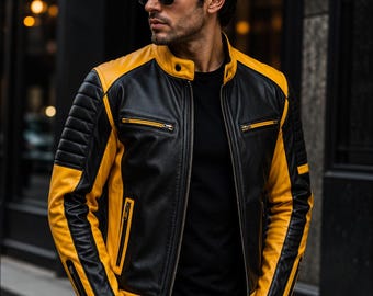 Men's Black Yellow Leather Jacket | Motorcycle Biker Jacket for Men | Genuine Sheep Leather Racer Jacket | Cafe Racer Moto Jacket